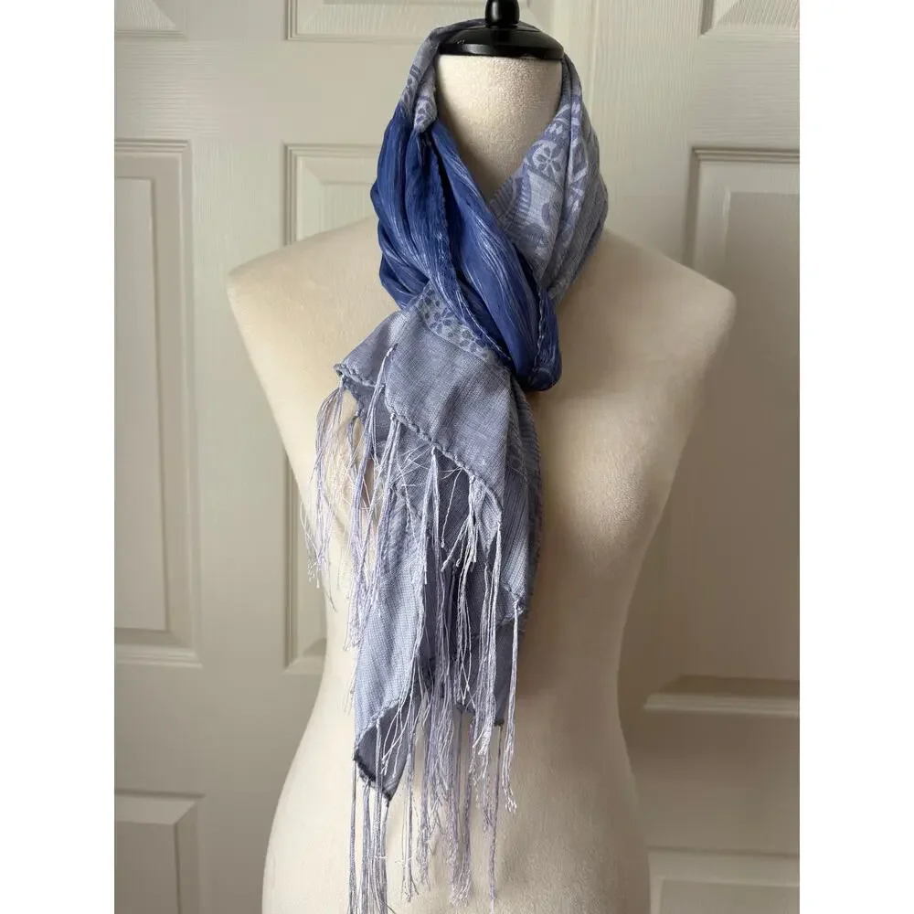 Vintage Y2K Silk Gauze Scarf Crinkle Floating Threads Artsy Wrap Periwinkle Blue